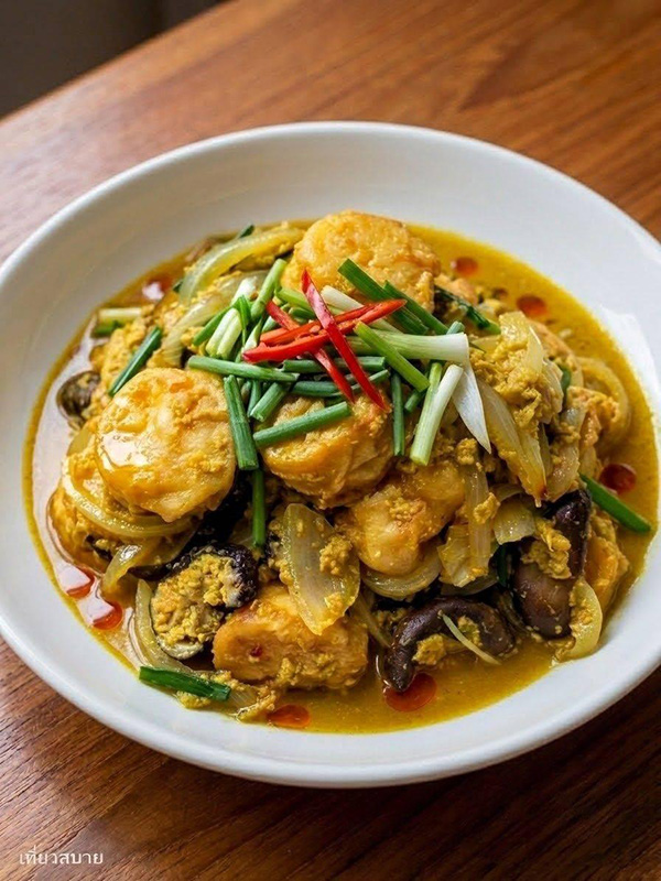 เต้าหู้ไข่ผัดผงกะหรี่ใส่เห็ดหอม เมนูเต้าหู้ไข่ อาหารไทย สูตรอาหาร