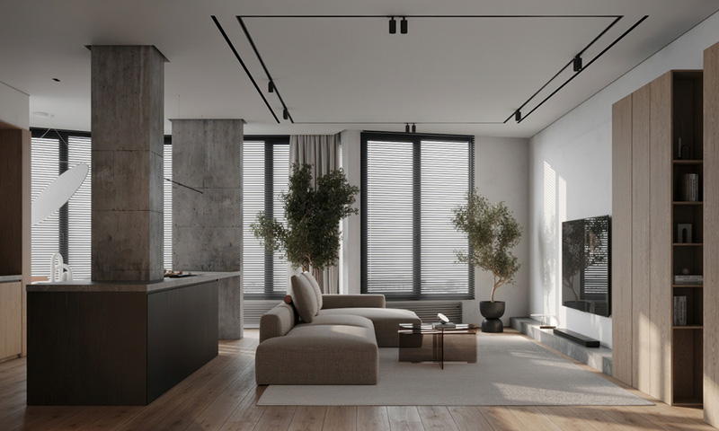 ห้องนั่งเล่นสไตล์อินดัสเทรียลมินิมัลลิสต์