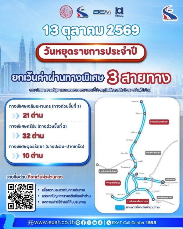 ทางด่วนฟรี 13 ตุลาคม 2569