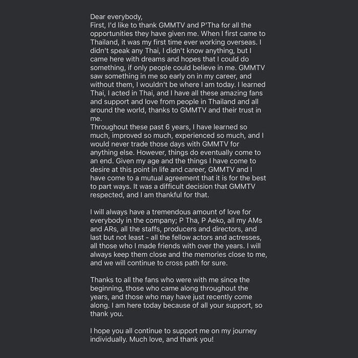 ทำเอาแฟน ๆ ใจหาย เมื่อพระเอกหนุ่มลูกครึ่ง ลุค อิชิคาว่า ประกาศอำลาบ้านหลังแรกในวงการบันเทิงอย่าง GMMTV หลังร่วมงานกันมายาวนานกว่า 6 ปี พร้อมโพสต์ข้อความซาบซึ้ง ขอบคุณโอกาสและความเชื่อมั่นที่ต้นสังกัดมอบให้  สำหรับการประกาศครั้งนี้ ลุค อิชิคาว่า ได้โพสต์ทางอินสตาแกรมส่วนตัว @lukevoyage   โดยเจ้าตัวย้อนเล่าถึงวันแรกที่ก้าวเข้าสู่วงการในประเทศไทยว่าแทบไม่รู้อะไรเลย ทั้งภาษาและวัฒนธรรม แต่เพราะ GMMTV มองเห็นศักยภาพและเปิดโอกาส จึงทำให้เขาได้ก้าวเดินบนเส้นทางบันเทิงอย่างมั่นคง