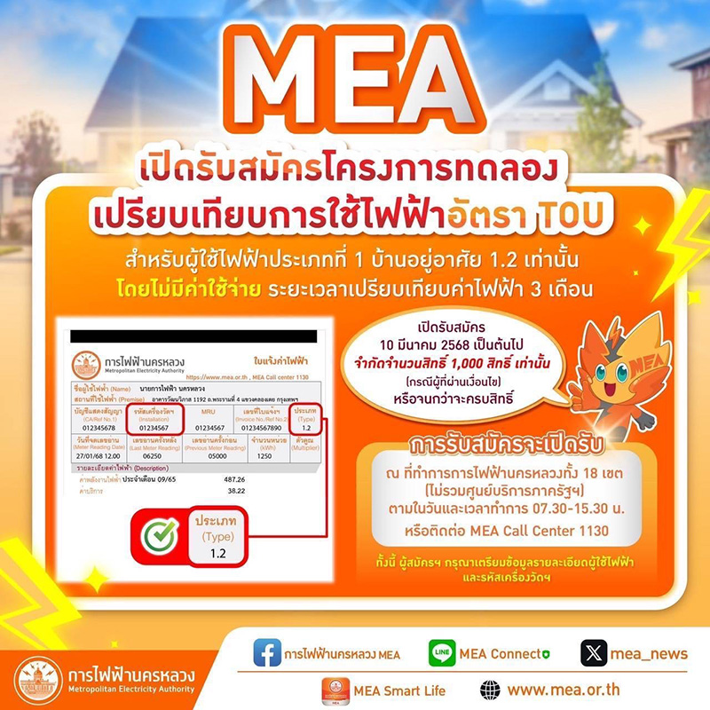 MEA เปิดโครงการทดลองเปรียบเทียบการใช้ไฟฟ้าอัตรา TOU 
