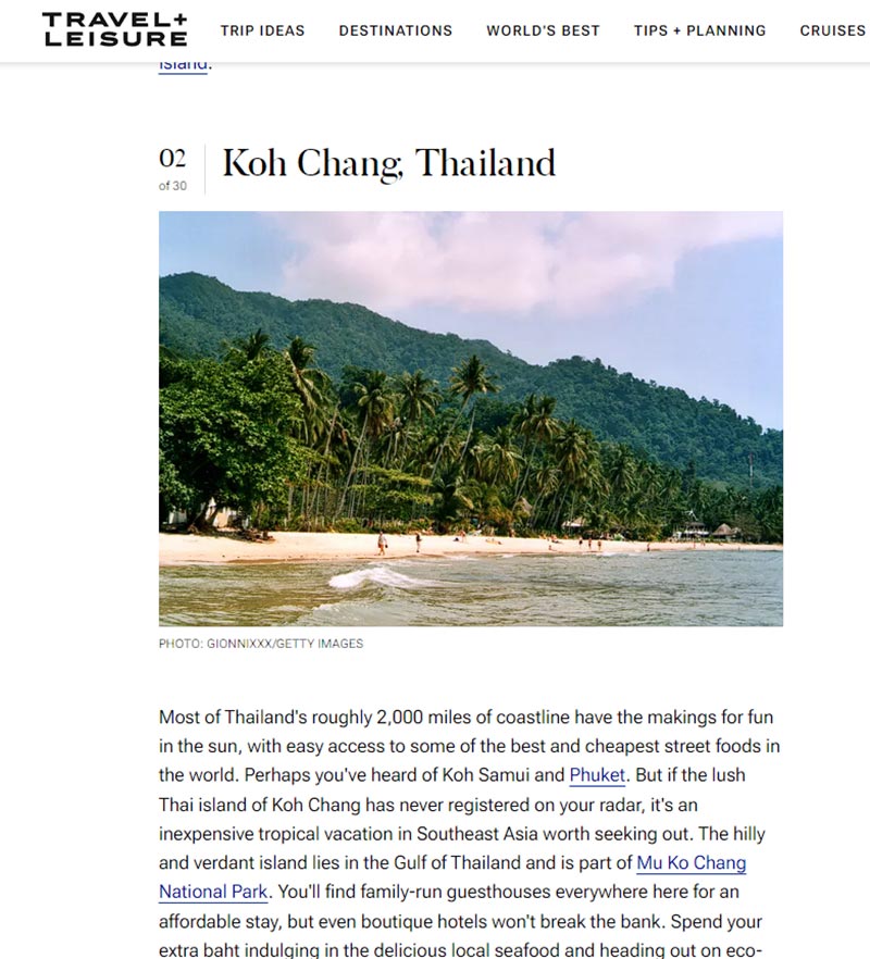 เกาะช้าง รางวัลสถานที่พักผ่อนเขตร้อนชื้นที่ดีที่สุดอันดับ 2 ของโลก
