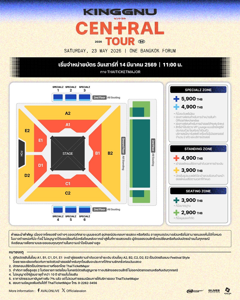 King Gnu คอนเสิร์ต ผังที่นั่ง
