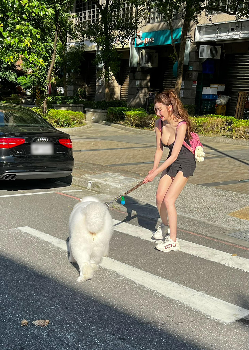 สาวจูงหมาตัวโต