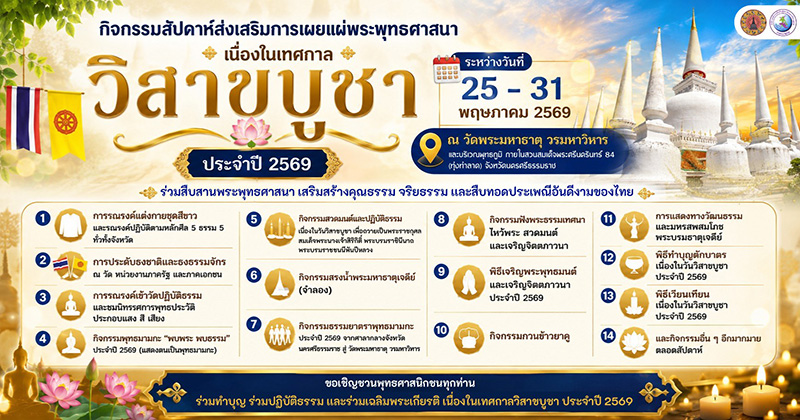 วัดพระมหาธาตุ วรมหาวิหาร สถานที่จัดงานงานวิสาขบูชา 2569