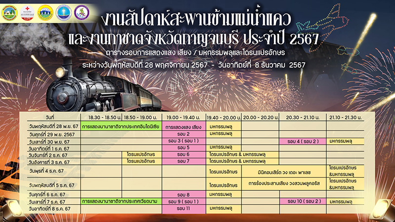 ตารางการแสดง แสง เสียง งานสัปดาห์สะพานข้ามแม่น้ำแคว และงานกาชาดจังหวัดกาญจนบุรี ประจำปี 2567