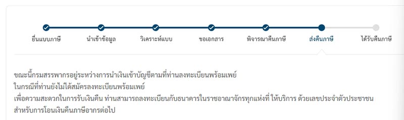 หากตรวจสอบในระบบแล้วพบว่าขึ้นสถานะ ส่งคืนภาษี แสดงว่าเรากำลังจะได้รับเงินภาษีคืนแล้ว โดยปกติจะใช้เวลาประมาณ 3-5 วันทำการ (ไม่รวมวันหยุด)