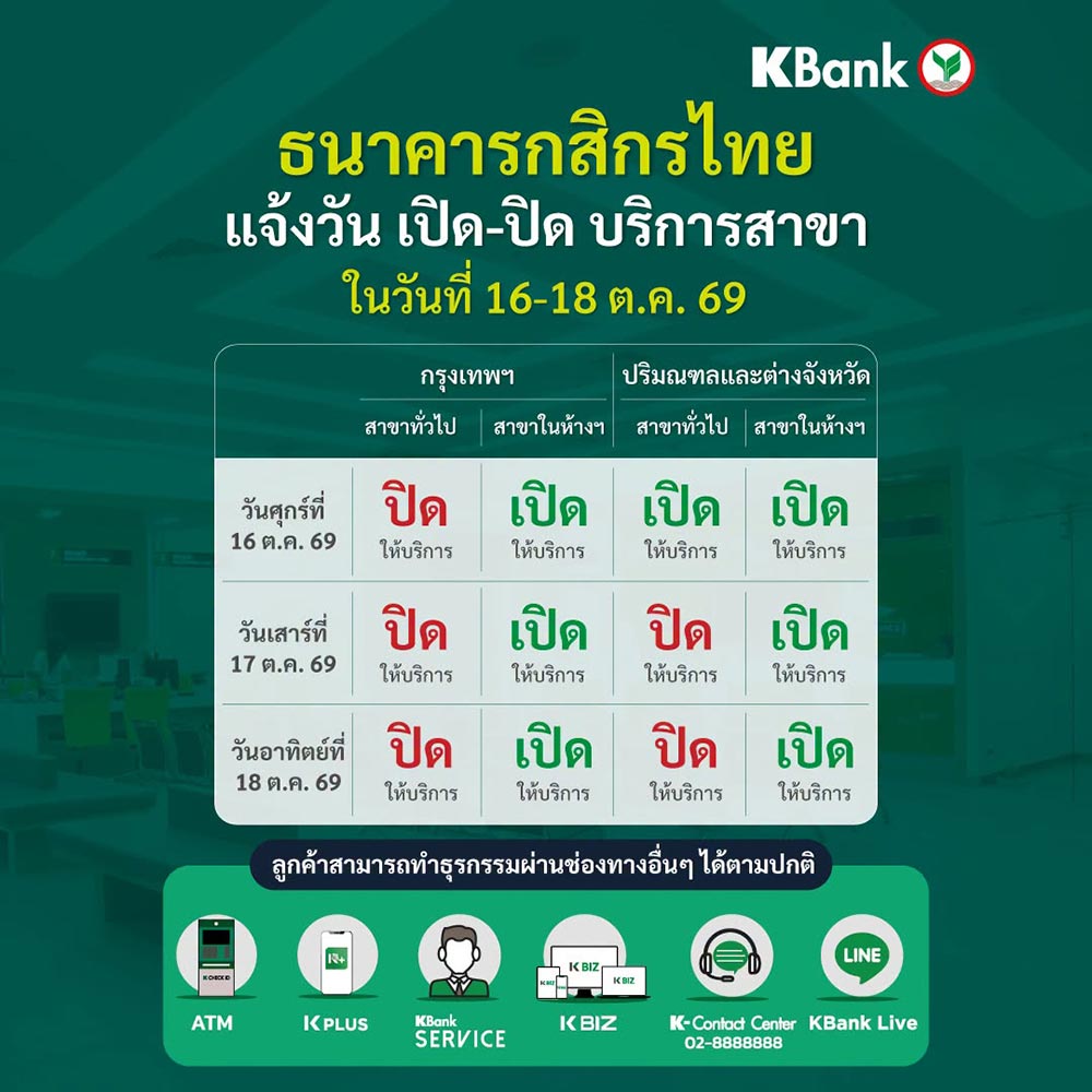 วันหยุด 16 ต.ค. กสิกรไทย