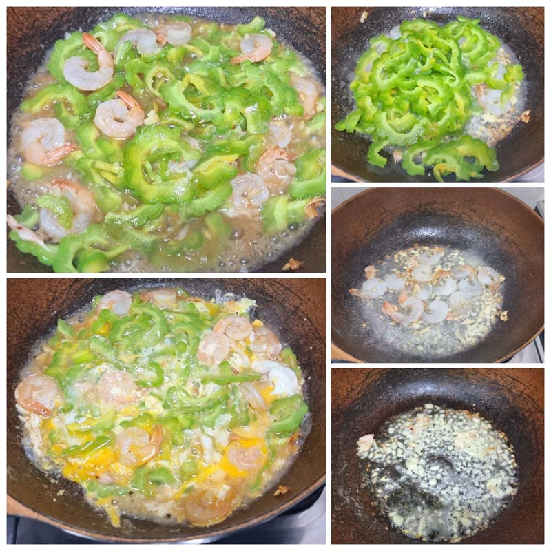 มะระผัดไข่กุ้งสด กุ้งกระเทียมผัดไข่