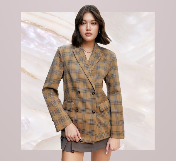 POMELO Checked Pattern Double Breasted Blazer ชุดสูทผู้หญิง