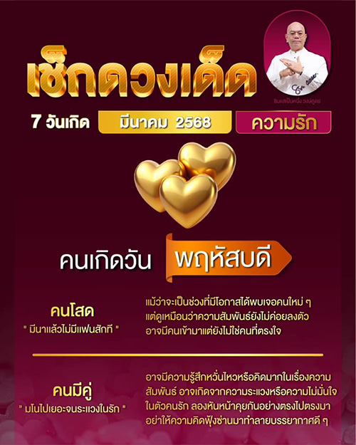ดูดวงความรัก เดือนมีนาคม 2568 ของคนทั้ง 7 วันเกิด กับซินแสเป็นหนึ่ง