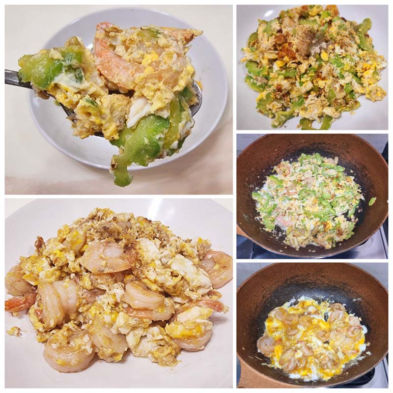 มะระผัดไข่กุ้งสด กุ้งกระเทียมผัดไข่