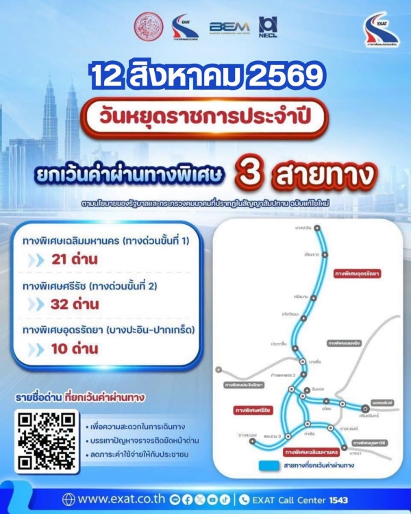 ทางด่วนฟรี 12 สิงหาคม 2569