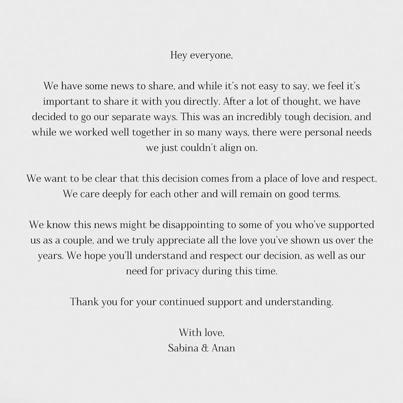 ซาบีน่า อนัน อันวา ประกาศแยกทาง