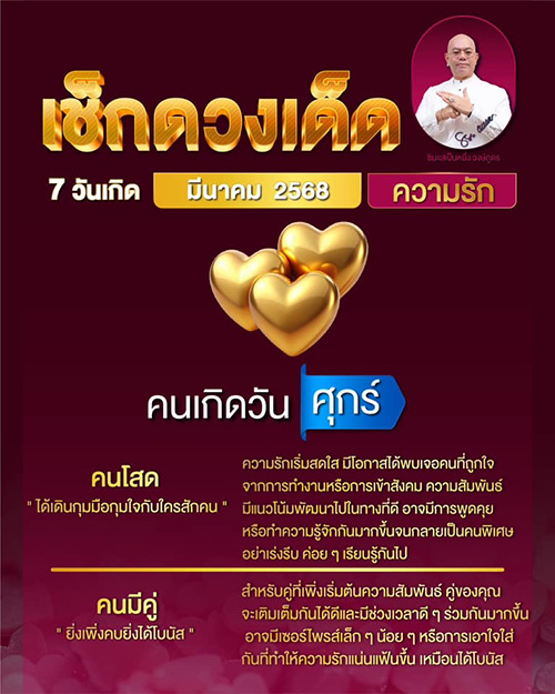ดูดวงความรัก เดือนมีนาคม 2568 ของคนทั้ง 7 วันเกิด กับซินแสเป็นหนึ่ง