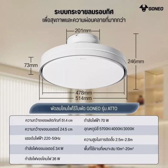 พัดลมโคมไฟไร้ใบพัด GONEO ATTO