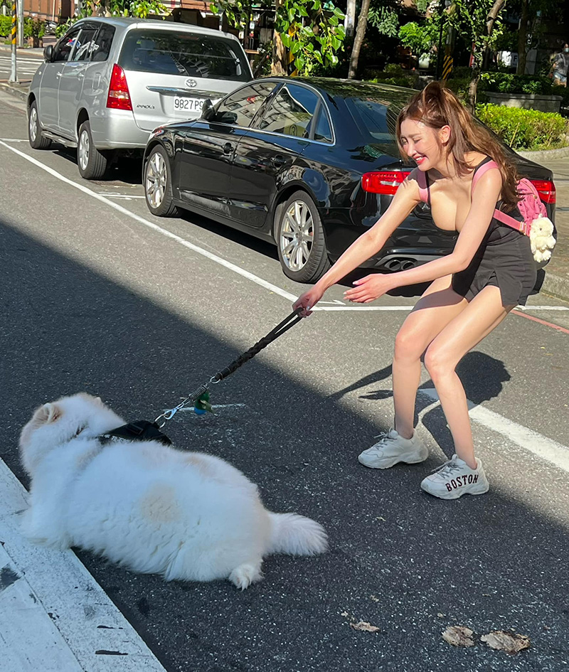 สาวจูงหมาตัวโต