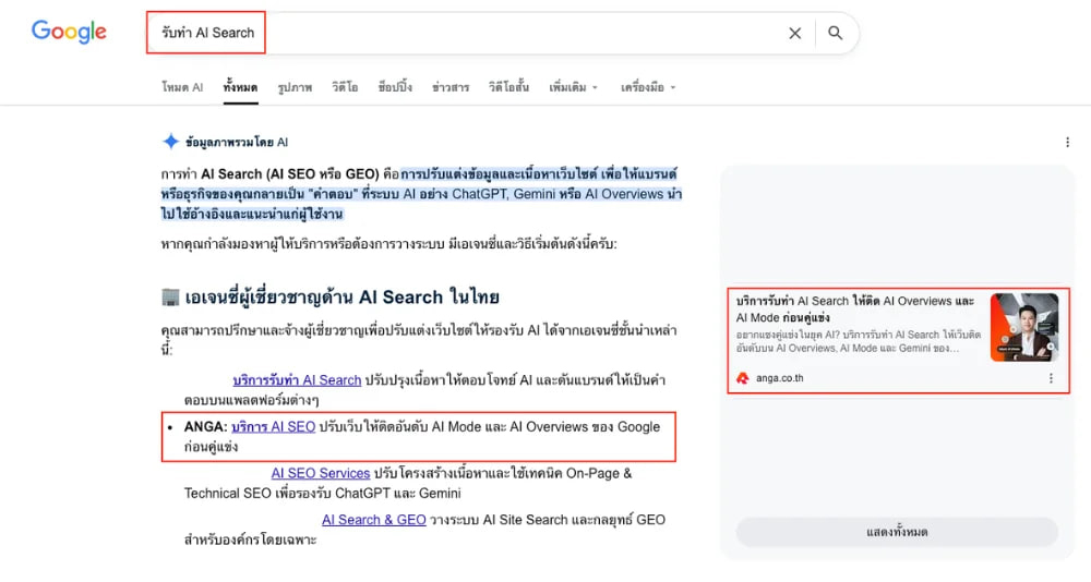ตัวอย่าง บริการทำ GEO และ AI Search