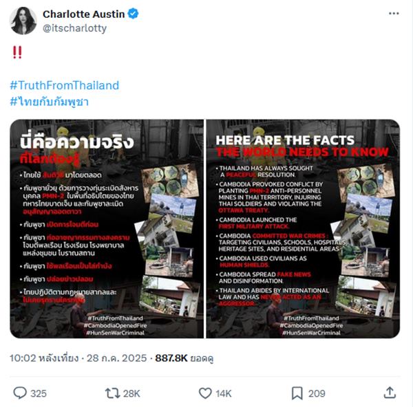 ชาล็อต โพสต์ให้กำลังใจ ทหารไทย