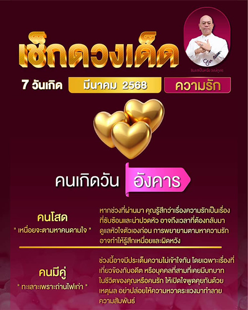 ดูดวงความรัก เดือนมีนาคม 2568 ของคนทั้ง 7 วันเกิด กับซินแสเป็นหนึ่ง
