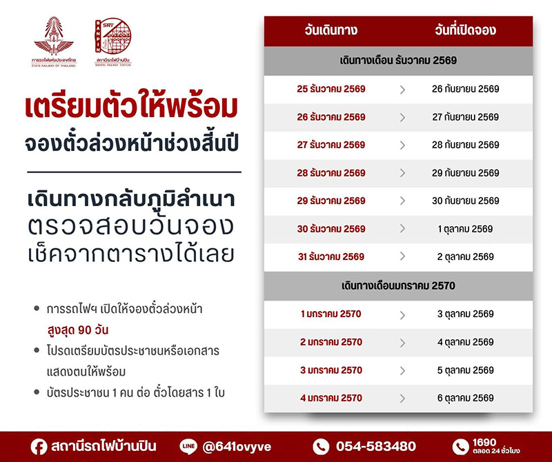 จองตั๋วรถไฟล่วงหน้าเทศกาลปีใหม่ 2570