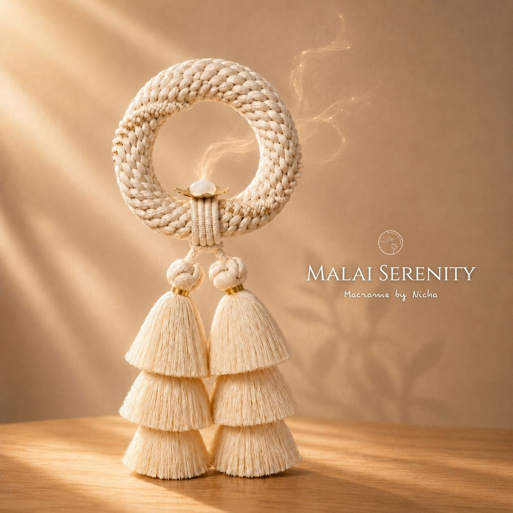 Malai Serenity ผสานพวงมาลัยฝ้ายแบบตั้งได้เข้ากับถาดสำหรับหินกระจายกลิ่น