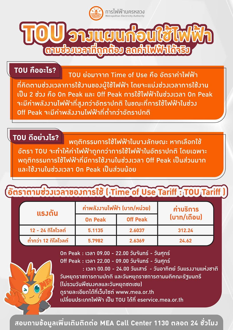 MEA เปิดโครงการทดลองเปรียบเทียบการใช้ไฟฟ้าอัตรา TOU 